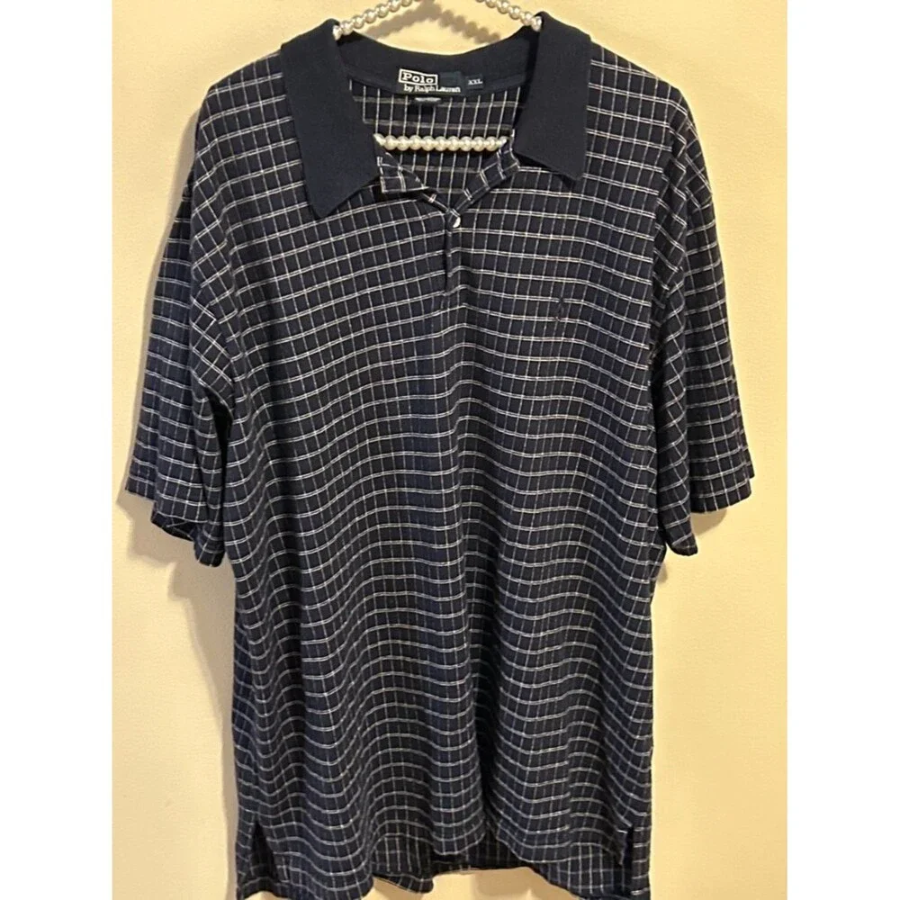 Polo Ralph Lauren XXL Navy Blue White Grid Cotton Linen Polo Shirt